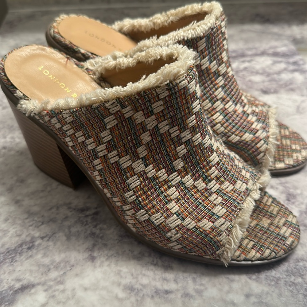 LONDON FOG Women's Maya textile frayed multicolor block heeled sandal